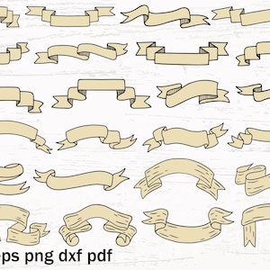 May include: A set of hand-drawn beige ribbons with black outlines, in diverse shapes and styles. The image includes the text "svg eps png dxf pdf" at the bottom, indicating file formats. The ribbons are arranged on a white, textured background.