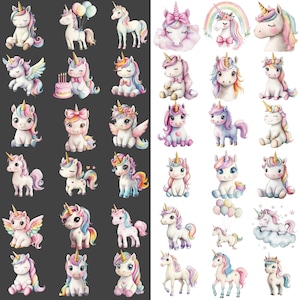 May include: A collection of watercolor unicorn illustrations in various poses and styles. The unicorns feature colorful manes, golden horns, and some have wings or accessories like balloons and bows. The color palette includes pastels like pink, blue, and yellow.