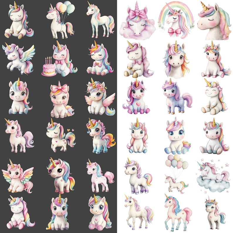 May include: A collection of watercolor unicorn illustrations in various poses and styles. The unicorns feature colorful manes, golden horns, and some have wings or accessories like balloons and bows. The color palette includes pastels like pink, blue, and yellow.