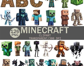 Minecraft Clipart Essentials Pack – 126 High-Res PNG Illustrations | 3125 × 3125 px, 300 DPI, Transparent Backgrounds | Commercial