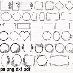 May include: A collection of black line art frames in various shapes, including squares, rectangles, circles, ovals, and hearts. Some frames feature floral or leaf accents. The image also includes the text "svg eps png dxf pdf".