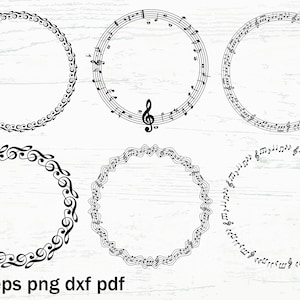 May include: Six black and white circular designs featuring musical notes and symbols. The designs include treble clefs, musical staffs, and decorative swirls. The bottom of the image includes the text "svg eps png dxf pdf".
