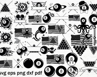 Può includere: Illustrazioni vettoriali in bianco e nero di palle da biliardo, stecche e altre immagini relative al biliardo. Le immagini includono una palla da biliardo con un polpo, una palla da biliardo con una ciliegia, una palla da biliardo con fiamme, una palla da biliardo con una bomba, una palla da biliardo con un cappello, una palla da biliardo con una stella e una palla da biliardo con una bandiera americana. Il testo "svg eps png dxf pdf" è in fondo all'immagine.