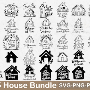 May include: A set of 35 house-themed designs in black and white. The designs feature house illustrations with text like "Happy Home", "Welcome Home", and "Home Sweet Home". The designs are available in SVG, PNG, and PDF formats.