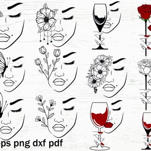 May include: A set of 10 black and white line art SVG cut files featuring a woman's face with various floral, butterfly, and wine glass designs. The designs are perfect for creating personalised gifts, home decor, and more.