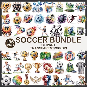 Puede incluir: Una colección de imágenes prediseñadas con temática de fútbol en estilo acuarela. Las imágenes incluyen balones de fútbol, trofeos, jugadores y otros gráficos relacionados. El texto "SOCCER BUNDLE" se muestra, junto con "196 PNG" y "CLIPART TRANSPARENT/300 DPI".
