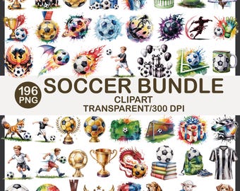 Watercolor Soccer Clipart Bundle: Sports PNG Art (196 Files) (Digital Download)