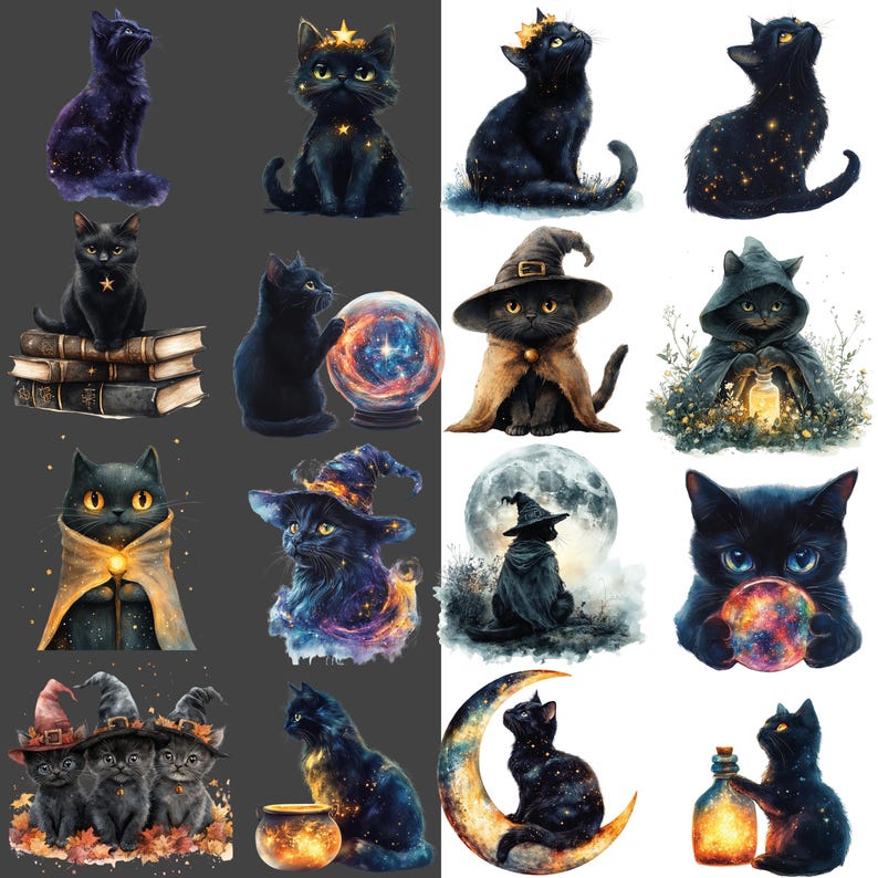 Svart katt Clipart i akvarellstil: Rymdkattunge i PNG-format (digital nedladdning) bild 6