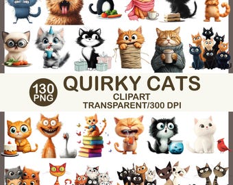 Whimsical Cats Clipart Mega Pack: 130 PNG Illustrations (Commercial Use)