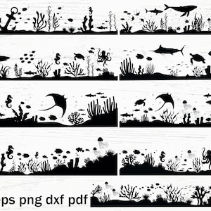 May include: Black and white silhouette images of various sea creatures and plants. The images include a whale, shark, stingray, seahorse, jellyfish, octopus, turtle, and seaweed. The images are perfect for crafting projects, scrapbooking, or digital design.
