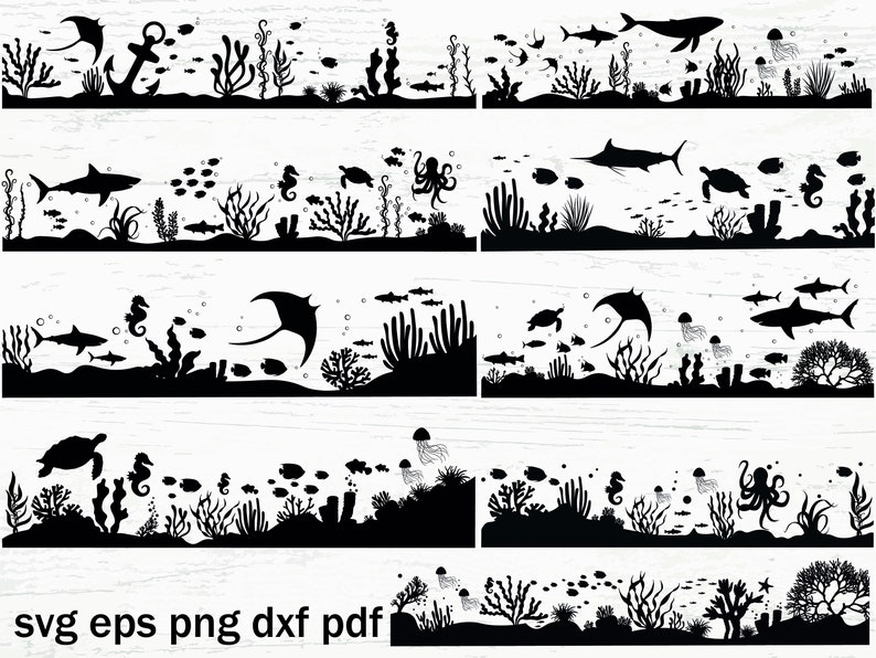 Pu&ograve; includere: Immagini in silhouette in bianco e nero di varie creature marine e piante. Le immagini includono una balena, uno squalo, una razza, un cavalluccio marino, una medusa, un polpo, una tartaruga e alghe. Le immagini sono perfette per progetti di artigianato, scrapbooking o design digitale.