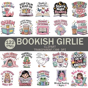 Puede incluir: Una colección de ilustraciones de clipart coloridas y caprichosas con temática de libros. Los diseños incluyen un gusano leyendo, libros abiertos con mariposas, tazas de café y chicas leyendo. El texto "BOOKISH GIRLIE" se muestra de forma destacada.