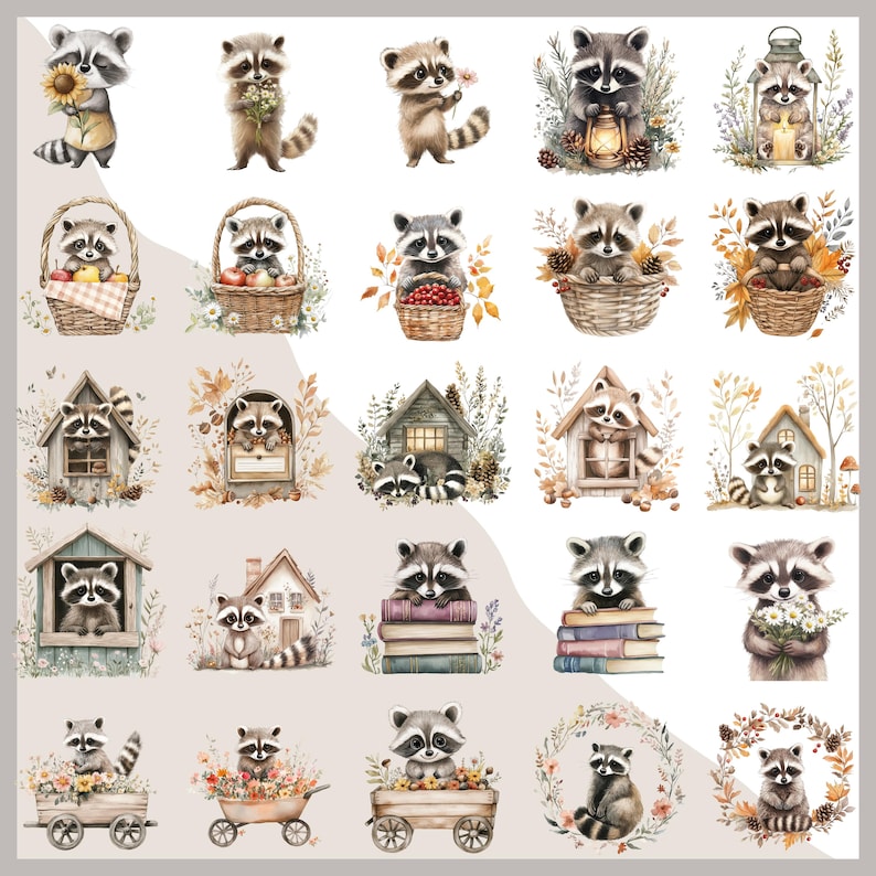 May include: A selection of watercolour illustrations depicting raccoons in different scenes. Some raccoons are holding flowers, sitting in baskets with fruit, or near miniature houses. The illustrations have a soft, whimsical style with autumnal colours.