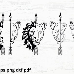 花の矢印ライオン SVG、矢印ライオン、ライオンの頭 SVG、ライオンの花 SVG、ボヘミアンライオン SVG、半分のライオンの顔 SVG、ライオンの雌ライオン SVG