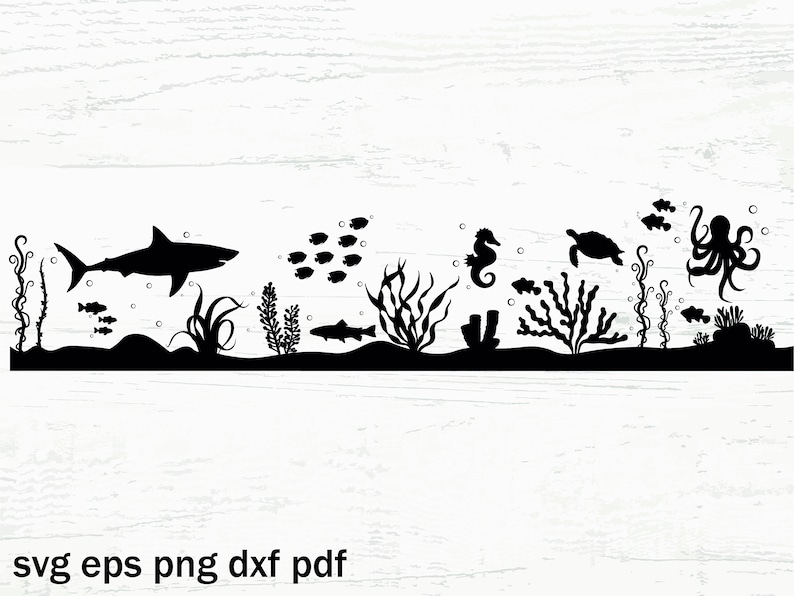 Pu&ograve; includere: Silhouette nera di uno squalo, un cavalluccio marino, una tartaruga, un polpo e pesci che nuotano nell'oceano. Ci sono anche silhouette nere di alghe e coralli.