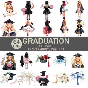 Graduation Clipart Bundle | 64 Watercolor Senior Girl PNG | Cap and Gown, Diploma, Celebration Art | Transparent Background