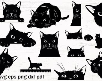 Peeking Cat SVG Bundle, Silhouette Clipart, Cat Wall Decal (png, eps, dxf)