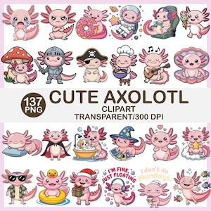 Pacote de Clipart de Axolote Kawaii: 137 adesivos PNG (Download Digital) imagem 1