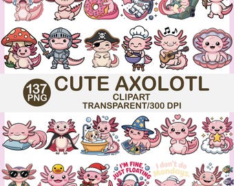 Kawaii Axolotl Clipart Bundle: 137 PNG Stickers (Digital Download)