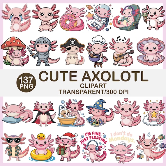 Kawaii Axolotl Clipart Bundle: 137 PNG Stickers (Digital Download)