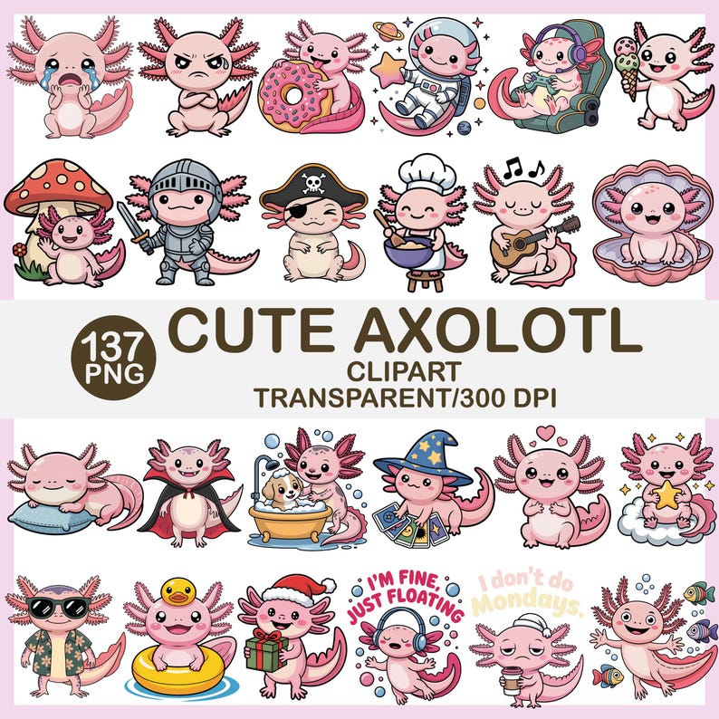 Pacote de Clipart de Axolote Kawaii: 137 adesivos PNG (Download Digital) imagem 1