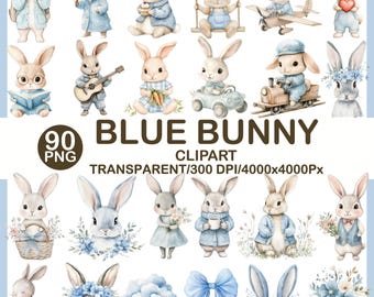 Blue Bunny Watercolor Clipart Bundle, Pastel Baby Boy PNG Illustrations