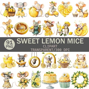 May include: A collection of watercolor illustrations featuring adorable mice with lemons. The mice are depicted in various scenes, including wearing dresses, riding a scooter, and playing music. The text "SWEET LEMON MICE" is displayed.