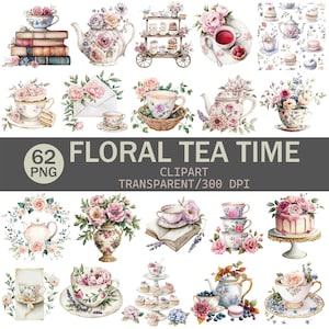 Könnte beinhalten: Eine Sammlung von Aquarellillustrationen mit floralen Tee-Party-Elementen. Enthält Teetassen, Teekannen, Kuchen und Blumenarrangements. Der Text "FLORAL TEA TIME" wird mit "62 PNG" und "CLIPART TRANSPARENT/300 DPI" angezeigt.