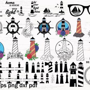 May include: A selection of lighthouse designs in diverse styles, including black and white silhouettes, colourful illustrations, and designs with floral accents. Text includes "There's nothing little about the light you shine" and "Let your light shine."
