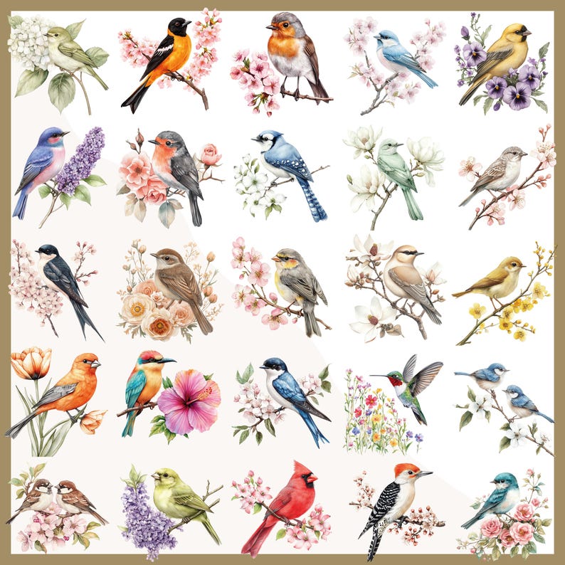 May include: A collection of watercolor illustrations featuring various birds perched on flowering branches. The birds display a range of colors, including blue, red, yellow, and green, set against a white background. The artwork evokes a nature-inspired theme.