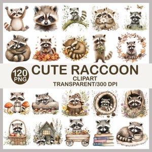 Puede incluir: Una colección de 120 imágenes prediseñadas PNG de mapaches. Las ilustraciones presentan mapaches en varias poses y entornos, incluso con flores, en una cesta y sobre un tronco. El texto dice "CUTE RACCOON CLIPART TRANSPARENT/300 DPI".