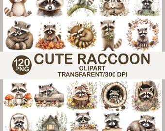 Watercolor Raccoon Clipart Bundle, Woodland Animals PNG (Digital Download)