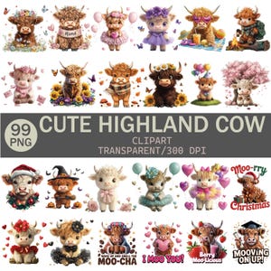 Cute Highland Cow Clipart Bundle | 99 PNG | Baby Cow Sublimation | Farm Animal PNG | Transparent Background | 300 DPI