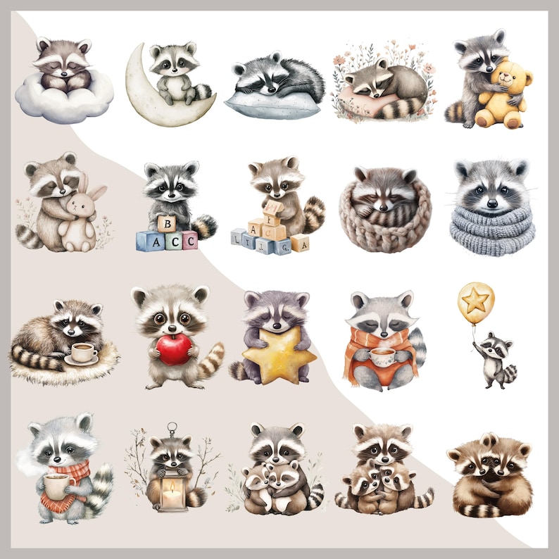 May include: A collection of watercolour illustrations featuring raccoons. The raccoons are depicted in different scenarios, such as holding a star, a balloon, or a teddy bear. Some are sleeping on a cloud or a crescent moon. The illustrations include blocks and a cup of coffee.
