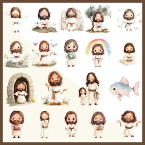 Pode incluir: Uma cole&ccedil;&atilde;o de ilustra&ccedil;&otilde;es em aquarela com uma representa&ccedil;&atilde;o de desenho animado de Jesus em v&aacute;rias poses. As imagens incluem Jesus com um arco-&iacute;ris, um peixe e uma crian&ccedil;a, tudo em uma paleta de cores pastel.