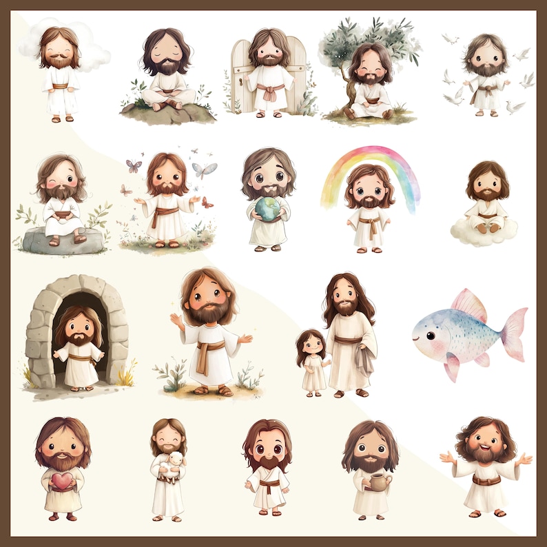 Pode incluir: Uma cole&ccedil;&atilde;o de ilustra&ccedil;&otilde;es em aquarela com uma representa&ccedil;&atilde;o de desenho animado de Jesus em v&aacute;rias poses. As imagens incluem Jesus com um arco-&iacute;ris, um peixe e uma crian&ccedil;a, tudo em uma paleta de cores pastel.
