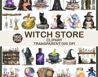 Witch Store Clipart Bundle, Magic Potion, Black Cats (PNG, 300 DPI)