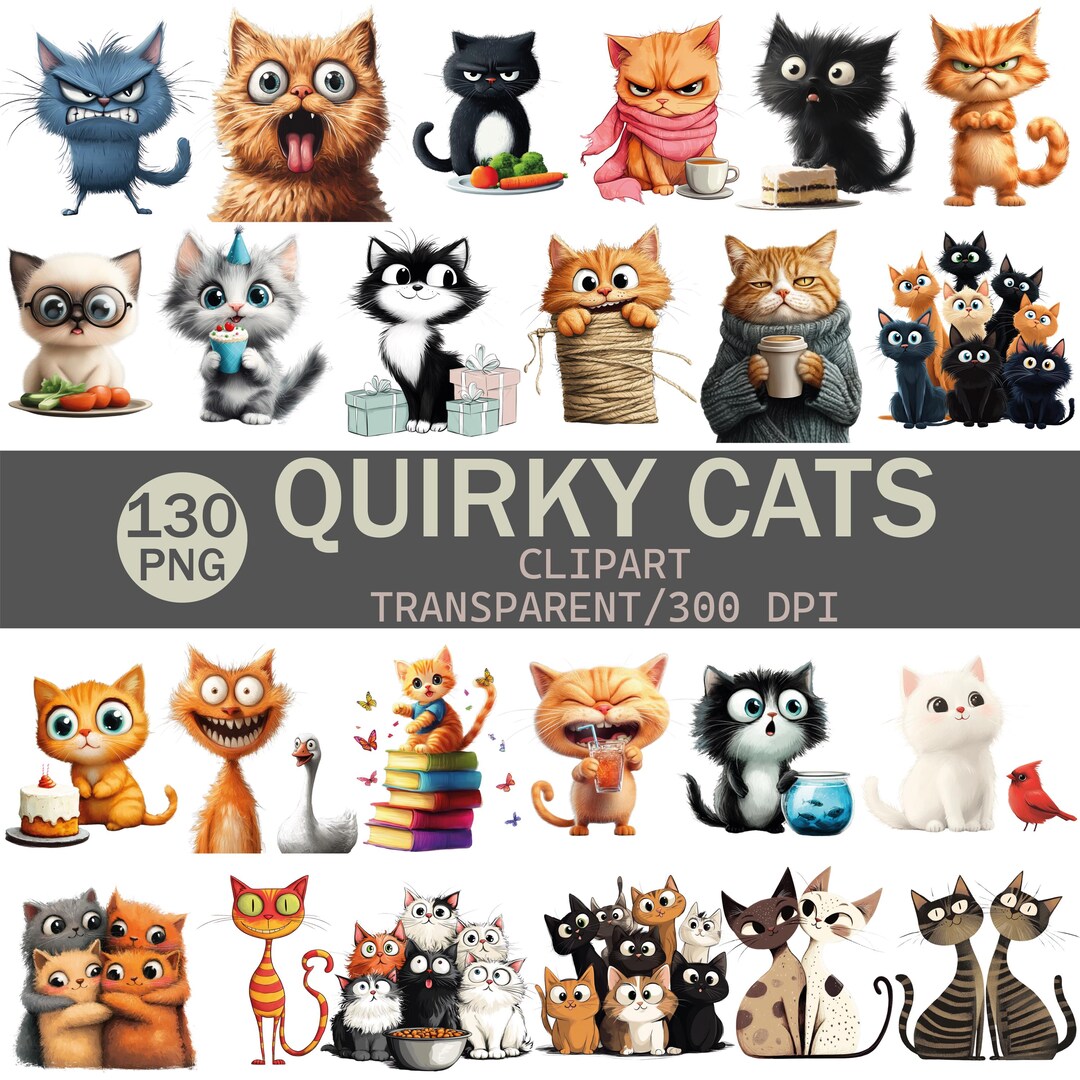 Whimsical Cats Clipart Mega Pack: 130 PNG Illustrations (commercial Use ...