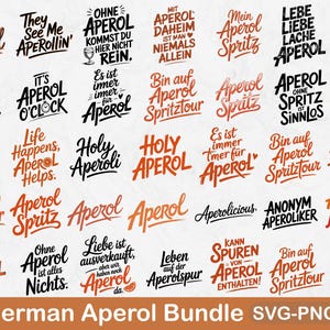 Könnte beinhalten: Ein Bundle mit 35 deutschen Aperol-Designs in den Formaten SVG, PNG und PDF. Die Designs zeigen verschiedene Sätze und Sprüche rund um Aperol, in einer Mischung aus schwarzen und orangefarbenen Schriftarten. Der Text enthält Sätze wie "Aperol Spritz" und "Holy Aperol".
