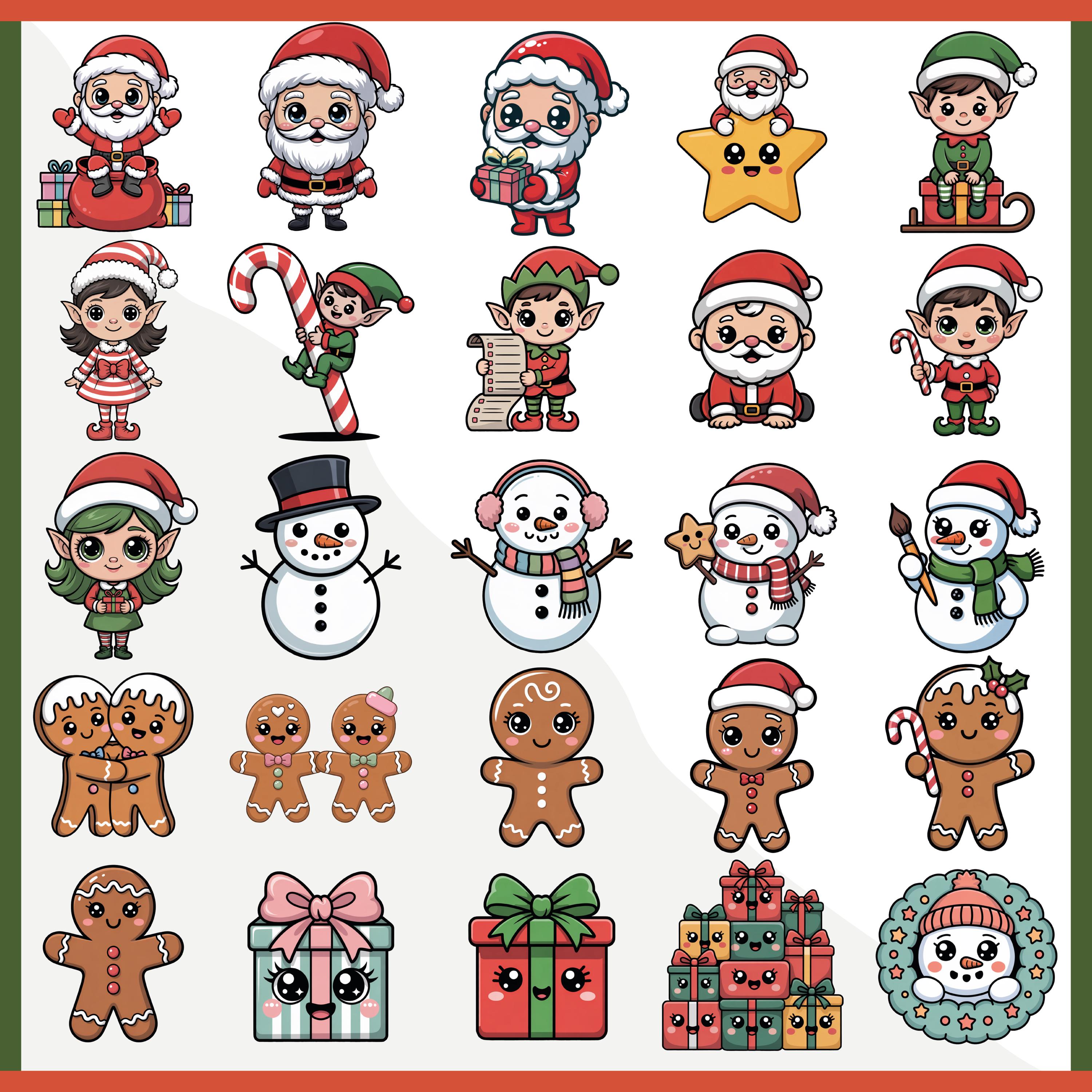 Kawaii Christmas Clipart PNG Bundle, Holiday Characters (digital ...