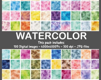 May include: A digital art pack featuring 100 watercolor images in a grid arrangement. The images showcase a variety of colors, including blues, pinks, greens, and yellows. The text "WATERCOLOR" is displayed, along with details about the image files.