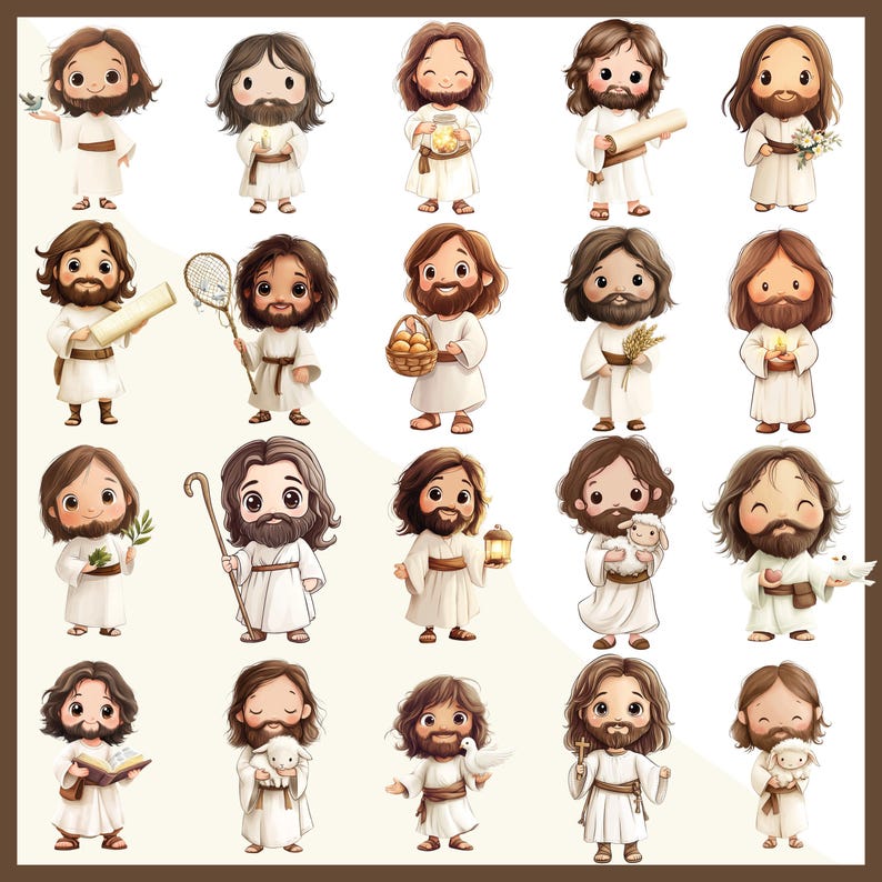 Pode incluir: Uma cole&ccedil;&atilde;o de 20 ilustra&ccedil;&otilde;es de desenhos animados de uma figura com cabelo castanho e barba, vestida com uma t&uacute;nica branca. Cada figura segura objetos diferentes, incluindo um pergaminho, um cordeiro, uma pomba e uma lanterna. As ilustra&ccedil;&otilde;es t&ecirc;m um estilo fofo e amig&aacute;vel.
