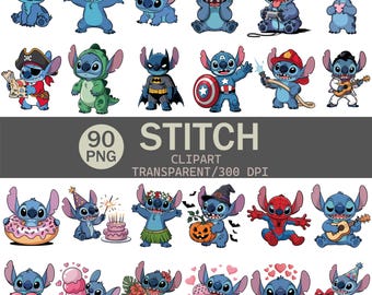 Lindo paquete de imágenes prediseñadas de Stitch / 90 PNG / Divertidas ilustraciones de Stitch en dibujos animados / Fondo transparente / 300 DPI / 3125 x 3125 px / Uso comercial