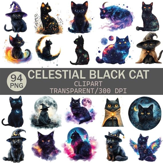 Celestial Black Cat Clipart: Watercolor Space Kitten PNGs (Digital Download)
