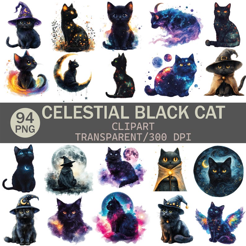 Svart katt Clipart i akvarellstil: Rymdkattunge i PNG-format (digital nedladdning) bild 1
