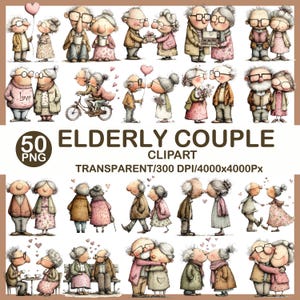 Paquete de imágenes prediseñadas de pareja de ancianos, abuelos en acuarela con un toque original (descarga digital)