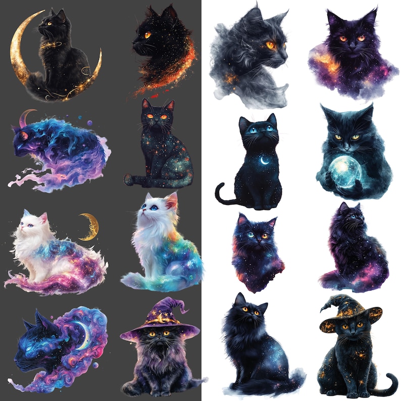 Svart katt Clipart i akvarellstil: Rymdkattunge i PNG-format (digital nedladdning) bild 3