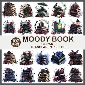 May include: Digital clipart images showcasing stacks of books with gothic and fantasy themes. The images include skulls, roses, moons, and other dark elements. The text "MOODY BOOK" is displayed.