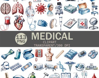 Pacchetto di clipart mediche: acquerello medico, infermiere, anatomia PNG (download digitale)