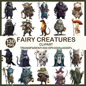 Puede incluir: Una colección de 130 imágenes prediseñadas PNG de criaturas de hadas. Las imágenes presentan varias criaturas de fantasía, incluidos duendes, magos y personajes con forma de animales, todos con diseños y colores únicos. El texto "FAIRY CREATURES" se muestra de forma destacada.
